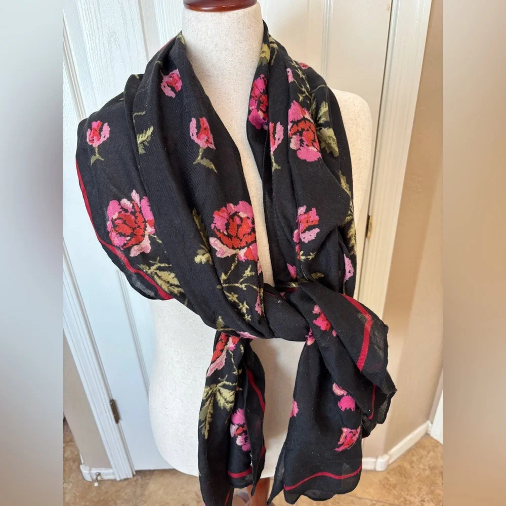 Rose Floral Black and Pink Long Scarf Feminine Floral Pretty - Picture 2 of 6